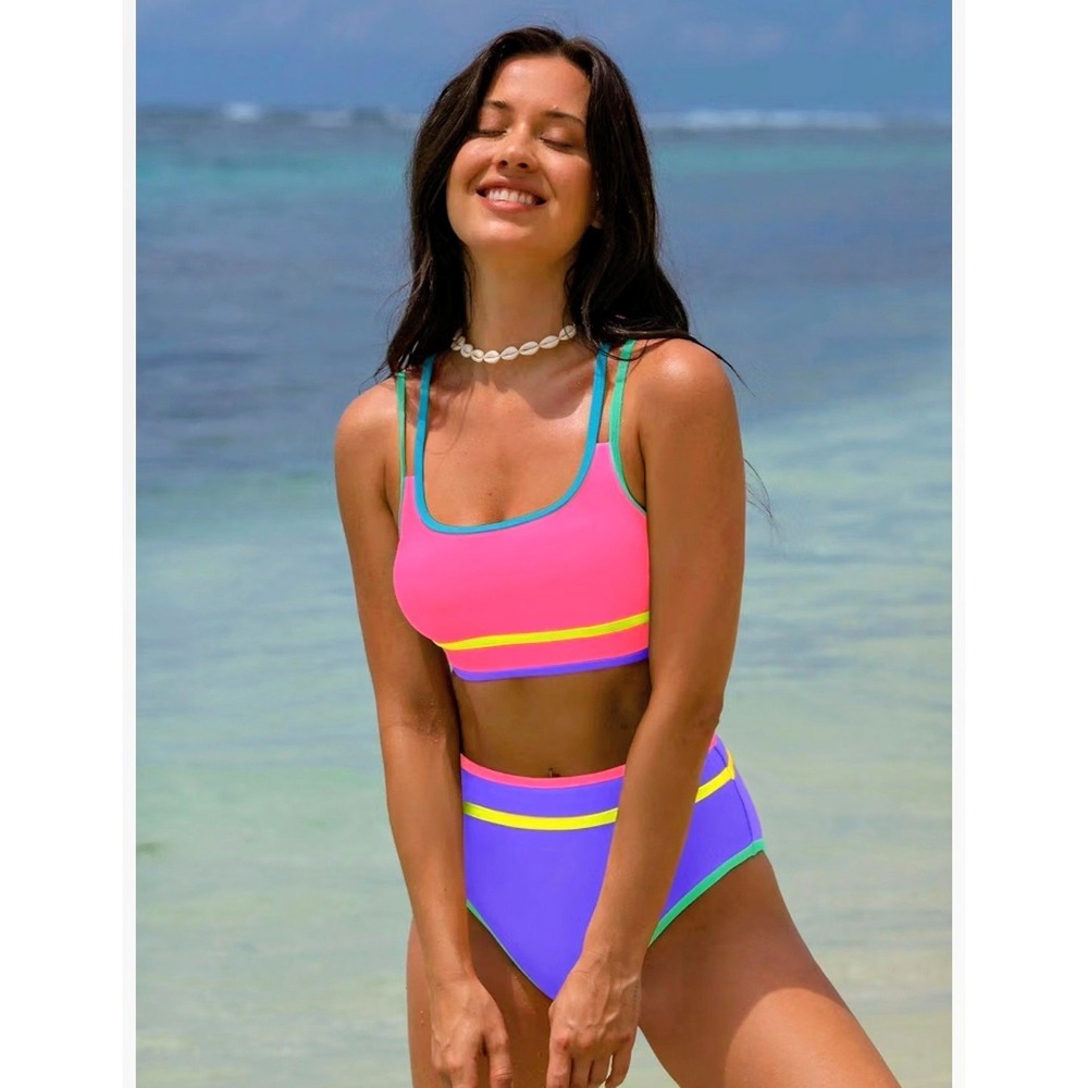 Popvil Neon Colorblock High Waisted Bikini Set Pink Purple Retro Swimsuit Large - Picture 4 of 7